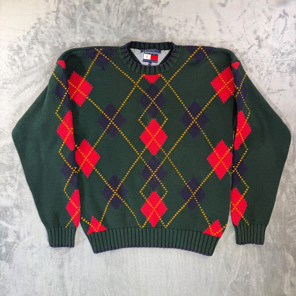Vintage Tommy Hilfiger Argyle Sweater Mens‎ XL Green Cotton Knit 90s Crewneck